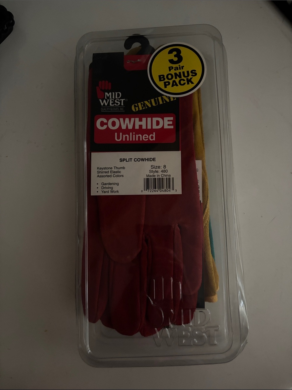 Cowhide Unlined Work Gloves - Red (3-Pair Bonus Pack)
